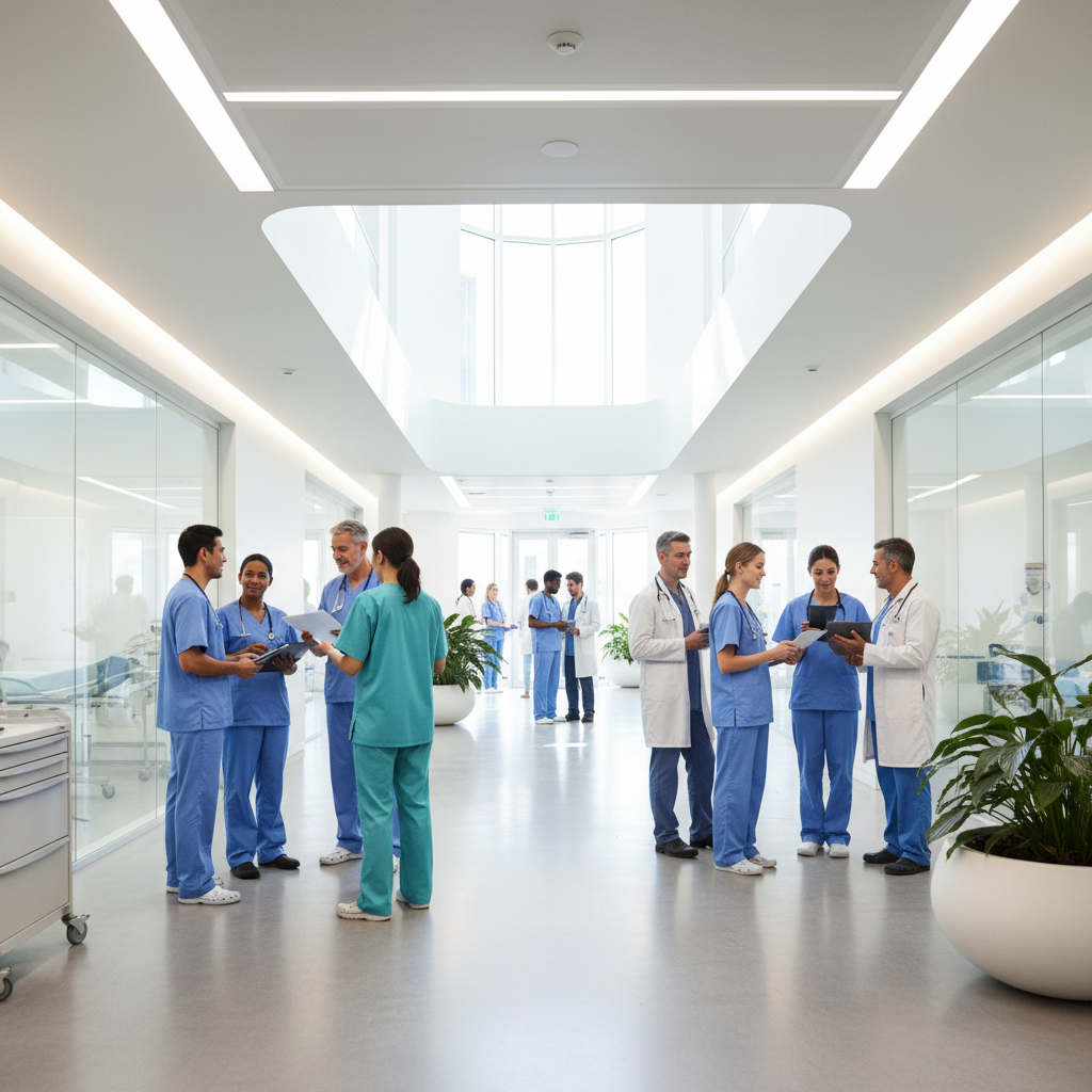 Healthcare professionals collaborating in modern medical facility