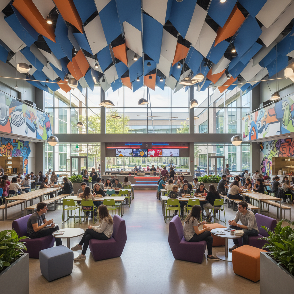 Modern restaurant interior with students dining