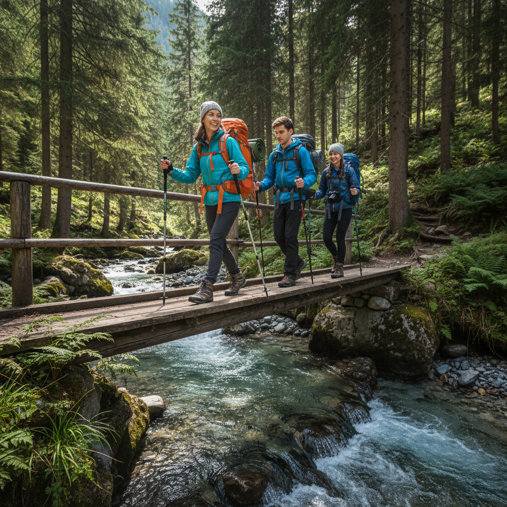 Young adventurers hiking in mountains