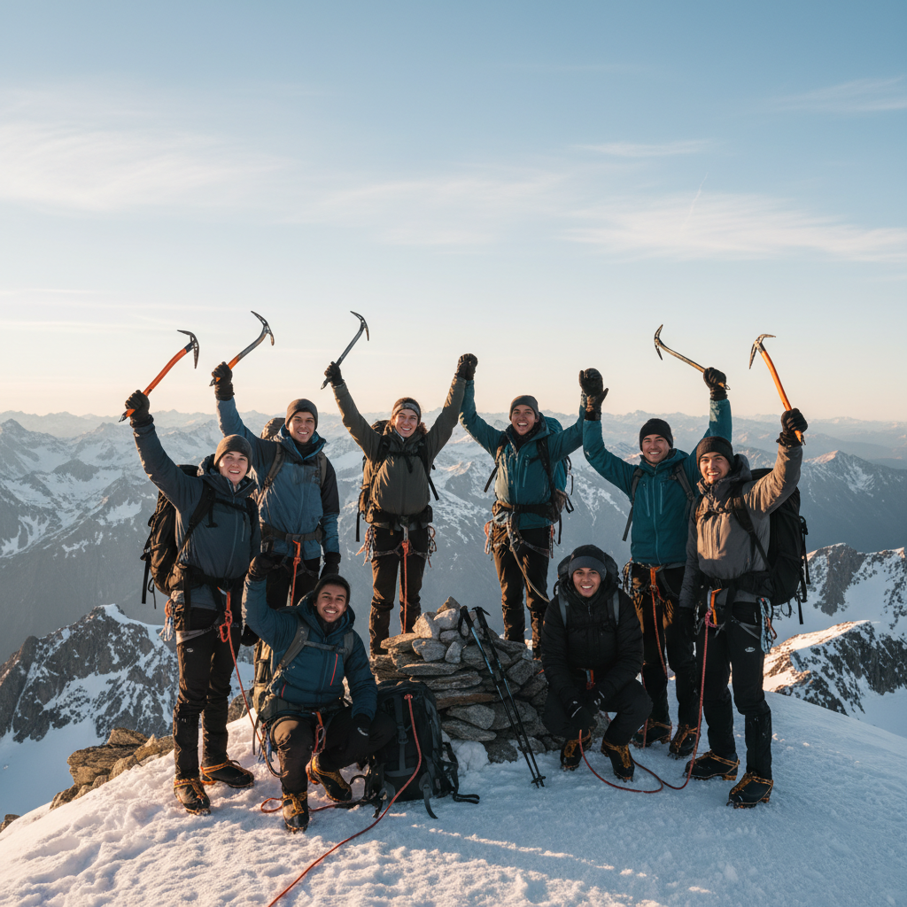 Group of young travelers celebrating on mountain peak
