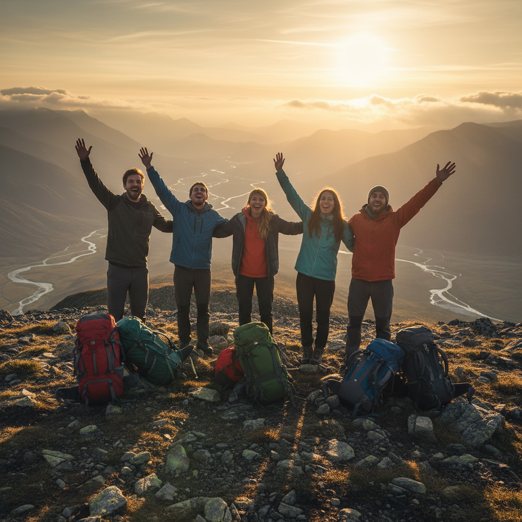 Group of young friends celebrating on a mountain peak