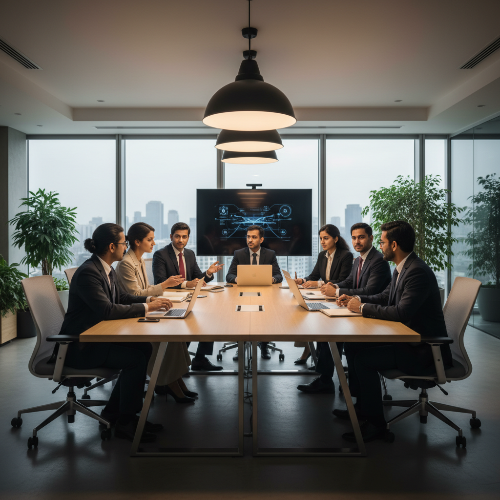 Professional Indian business team in modern office setting