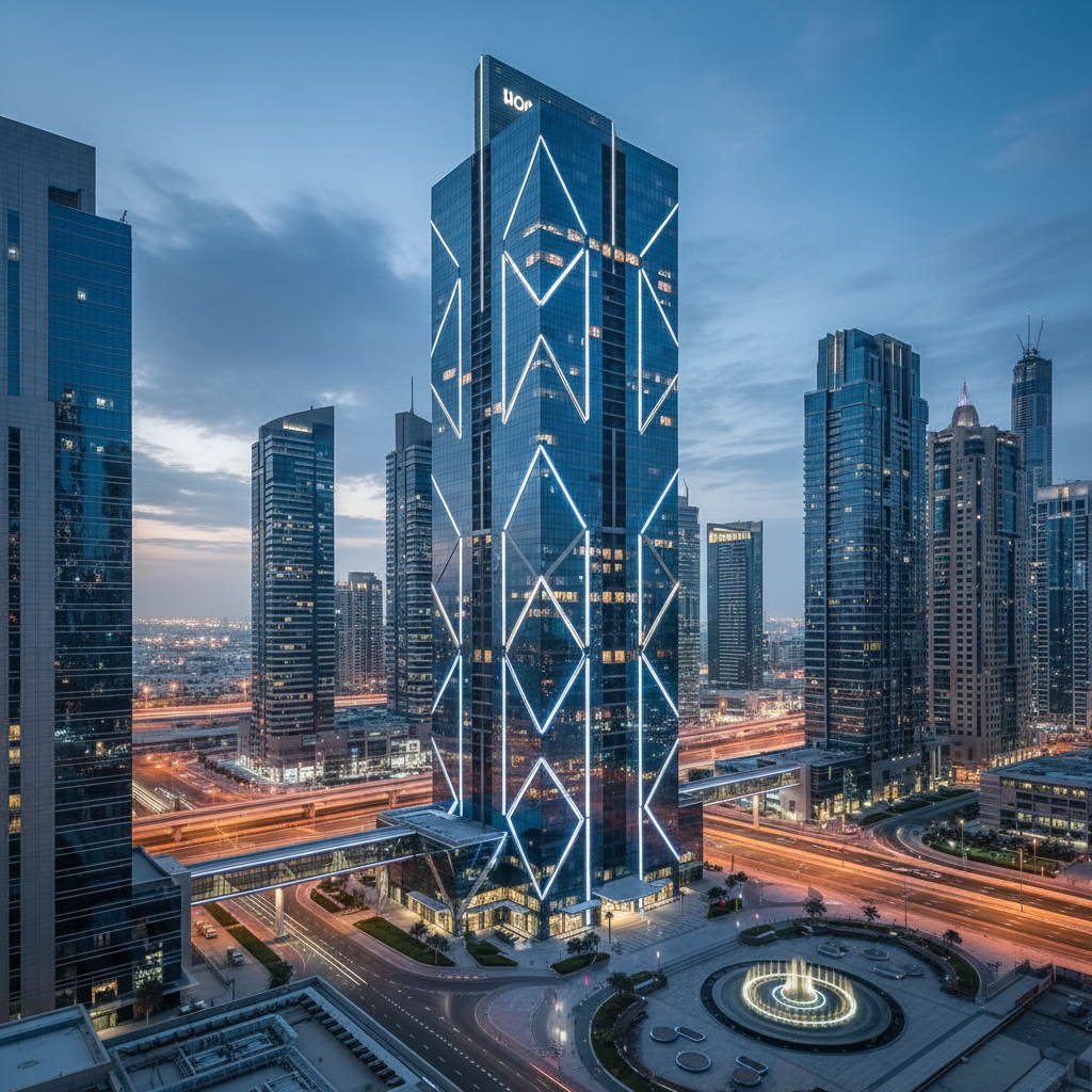 Modern Dubai office building and business district skyline